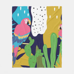Tropical jungle leaves background with parrots. Su Fleece Blanket