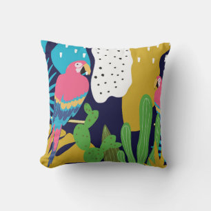 Tropical jungle leaves background with parrots. Su Throw Pillow