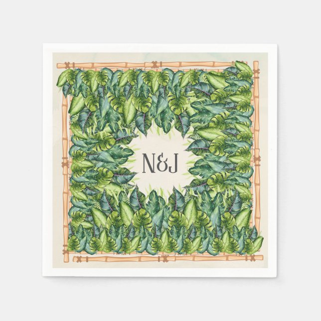 Tropical Jungle Leaves & Bamboo Botanical Wedding Napkin (Front)