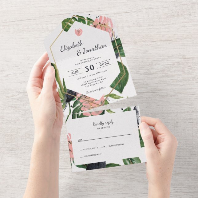 Tropical jungle leaves & pink flower floral modern all in one invitation (Tearaway)