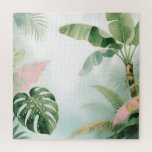 Tropical Jungle Leaves Watercolor Jigsaw Puzzle<br><div class="desc">Immerse yourself in lush, refreshing rainforest serenity with this delicate watercolor tropical border. Vibrant banana leaves, oversized monstera foliage, and soft pink anthurium blooms glisten with realistic water droplets against a dreamy mint-to-pale-aqua gradient background. Golden accents on select leaves add a luxurious touch, creating an elegant, airy jungle oasis vibe...</div>