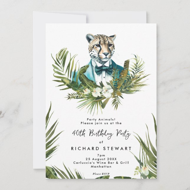 tropical jungle leopard 40th birthday party invitation (Front)