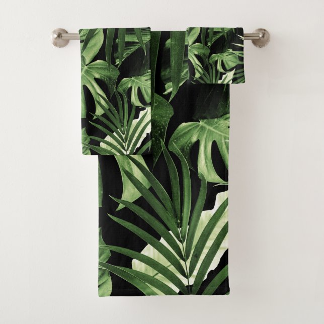 Tropical Jungle Night Leaves Pattern #5 Bath Towel Set (Insitu)