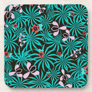 Tropical jungle palm orchid flowers bloom cartoon coaster