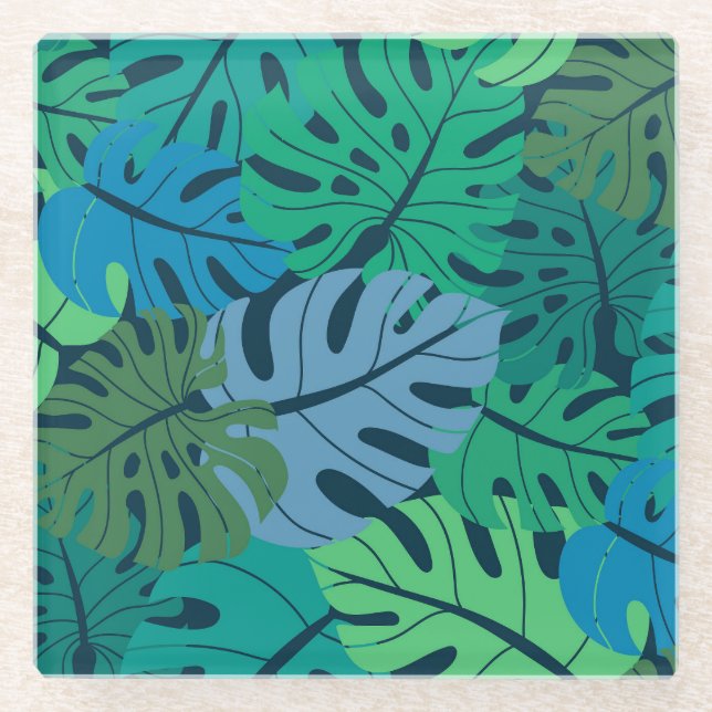 Tropical Jungle Palm Seamless Pattern Glass Coaster (Front)