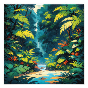 Tropical Jungle Paradise  Lush Waterfall Landscape Photo Print