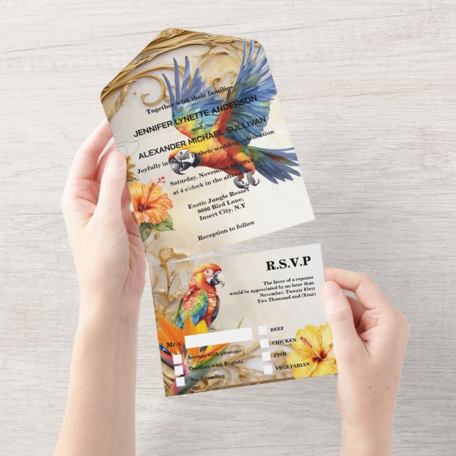 Tropical jungle parrots hibiscus island beige tan all in one invitation (Tearaway)