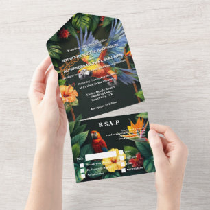 Tropical jungle parrots hibiscus island wedding  all in one invitation