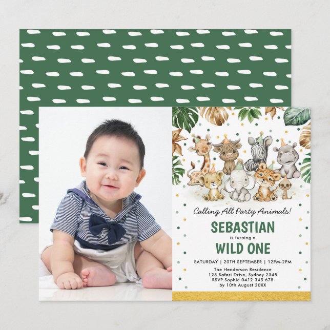 Tropical Jungle Party Animals Wild One Birthday Invitation (Front/Back)