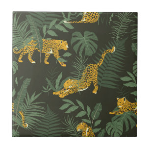 Tropical Jungle Pattern with Jaguar palm leaves Tile