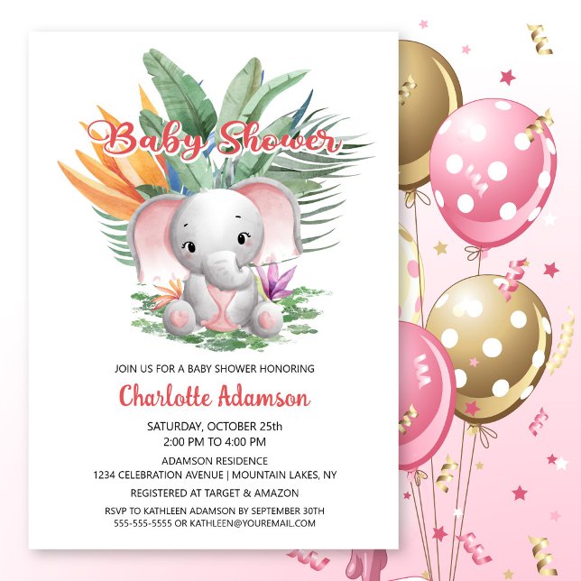 Tropical Jungle Pink Elephant Baby Shower Invitation (Creator Uploaded)