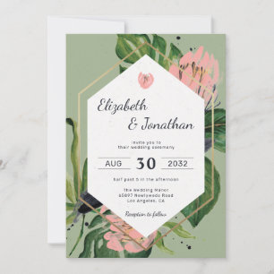 Tropical jungle pink flower & leaves floral modern invitation