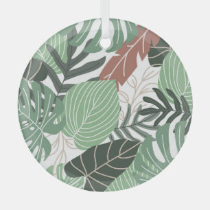 Tropical jungle plants, floral Hawaiian wallpaper. Glass Ornament