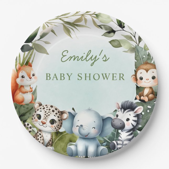 Tropical Jungle Safari Animal greenery baby shower Paper Plate (Front)
