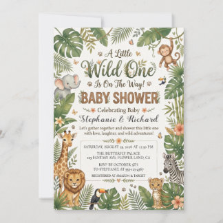 Tropical Jungle Safari Animal Wild One Baby Shower Invitation