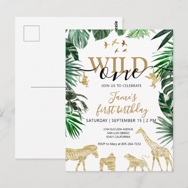 Tropical Jungle Safari Animals 1st Birthday Postcard (Front/Back)