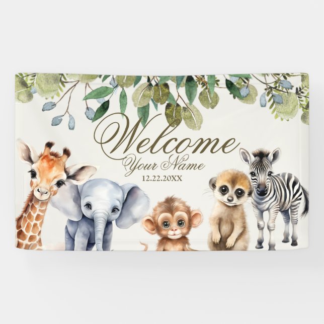 Tropical Jungle Safari Animals Green Leaves Party Banner (Horizontal)