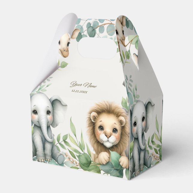 Tropical Jungle Safari Animals Green Leaves Party Favor Box (Back Side)