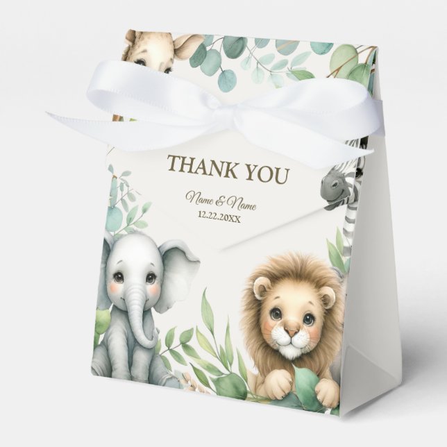 Tropical Jungle Safari Animals Green Leaves Party Favor Box (Front Side)