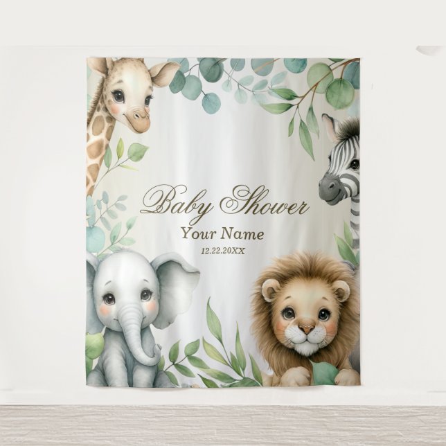 Tropical Jungle Safari Animals Green Leaves Party Tapestry (Front)