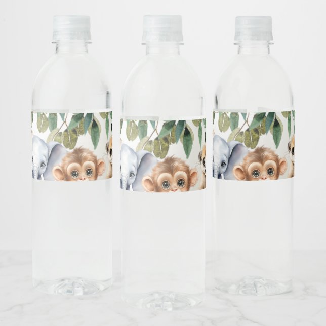 Tropical Jungle Safari Animals Green Leaves Party Water Bottle Label (Bottles)