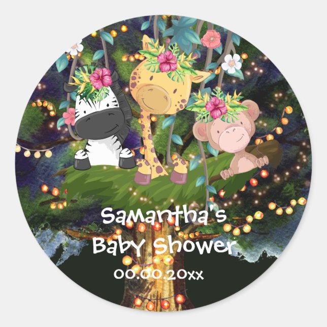 Tropical jungle safari animals in tree lights classic round sticker (Front)