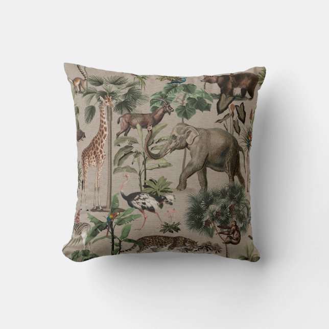 Tropical Jungle Safari Animals Pattern Throw Pillow (Front)
