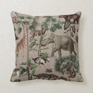 Tropical Jungle Safari Animals Pattern Throw Pillow