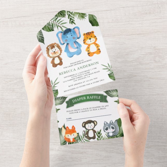Tropical Jungle Safari Cute Animals Baby Shower All In One Invitation (Tearaway)