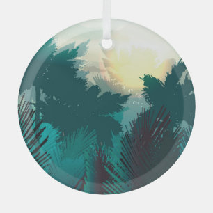 Tropical Jungle: Vintage Morning Landscape. Glass Ornament