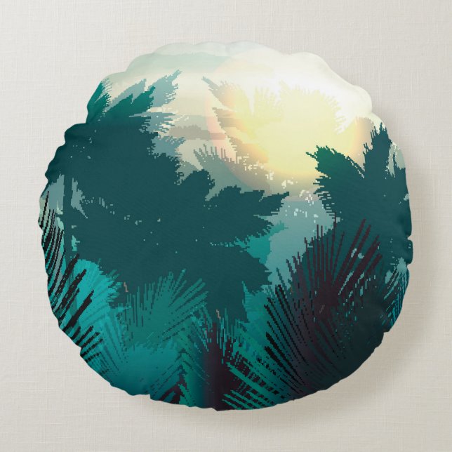 Tropical Jungle: Vintage Morning Landscape. Round Pillow (Front)