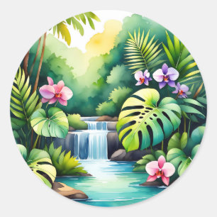 Tropical Jungle Waterfall Orchid Paradise Classic Round Sticker