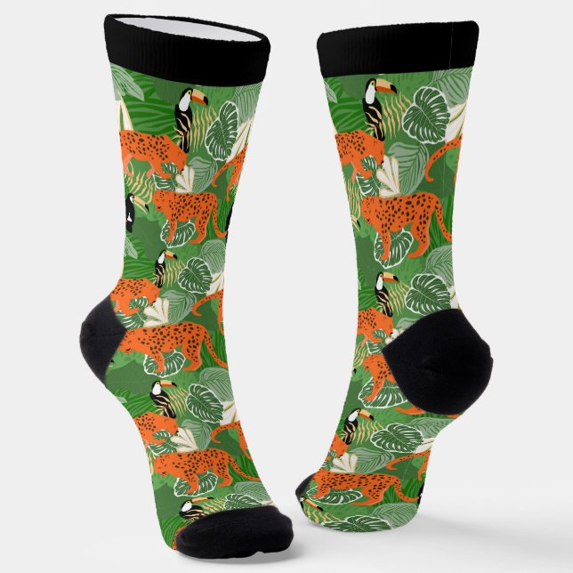 Tropical Jungle Wild Cats Birds Pattern Socks (Angled)