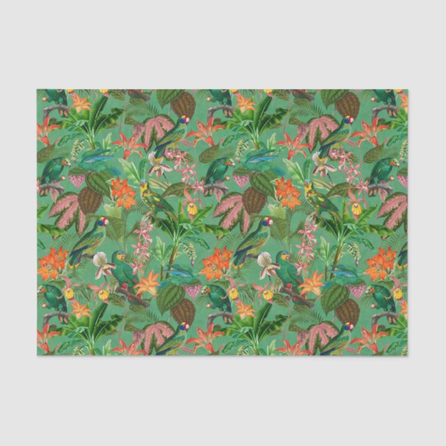 Tropical Jungle With Parrots And Flowers - green T Tissue Paper (Front)