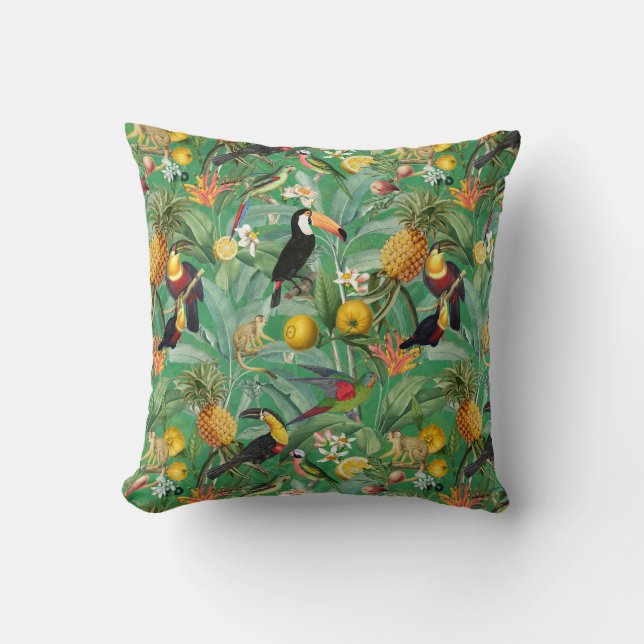 Tropical Jungle With Toucan Birds And Flowers Thro Throw Pillow (Front)