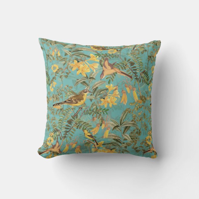 Tropical Jungle With Yellow Birds And Flowers  Thr Throw Pillow (Front)