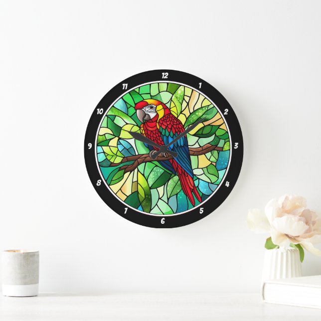 Tropical Kaleidoscope" - Stained Glass Parrot Large Clock (Home)
