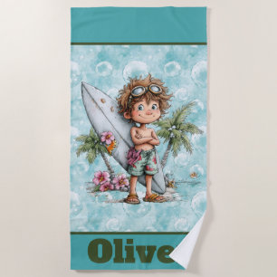 Tropical Kids Beach Towel Design with Surfboard