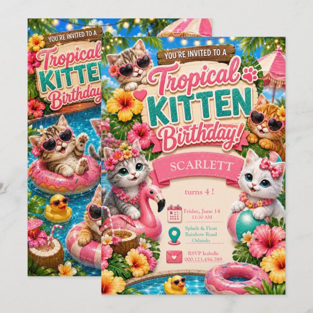 Tropical Kitten Birthday - Pool Party Invitation (Front/Back)