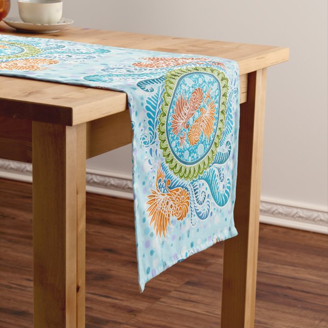 Tropical Koi Mandala | Vibrant Ocean Zen Art Short Table Runner (In Situ)