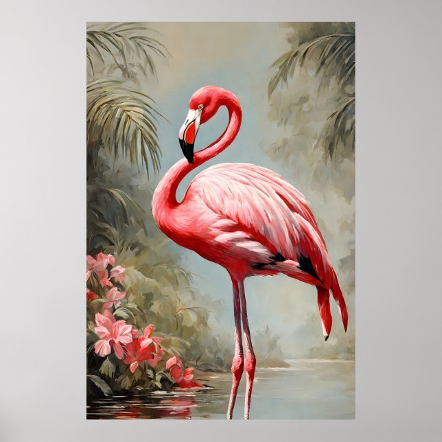 Tropical Lake Side Pink Flamingo Vintage Poster (Front)