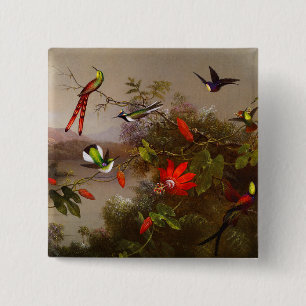 Tropical Landscape with Ten Hummingbirds Heade 2 Inch Square Button