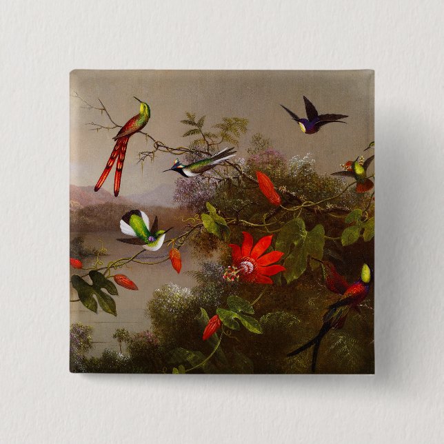 Tropical Landscape with Ten Hummingbirds Heade 2 Inch Square Button (Front)