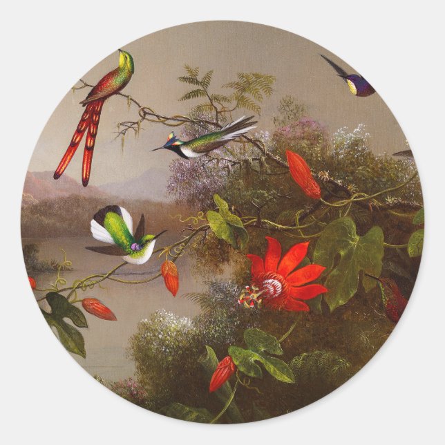 Tropical Landscape with Ten Hummingbirds Heade Classic Round Sticker (Front)
