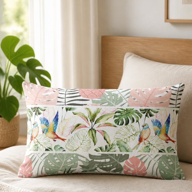Tropical Leaf and Bird Pattern Lumbar Pillow (Creator Uploaded)