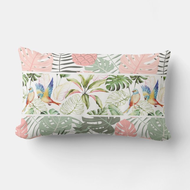 Tropical Leaf and Bird Pattern Lumbar Pillow (Front)