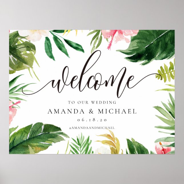 Tropical Leaf and Floral Welcome Wedding Sign (Front)