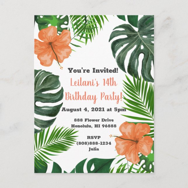 Tropical Leaf and Hibiscus Party Invitations (Front)