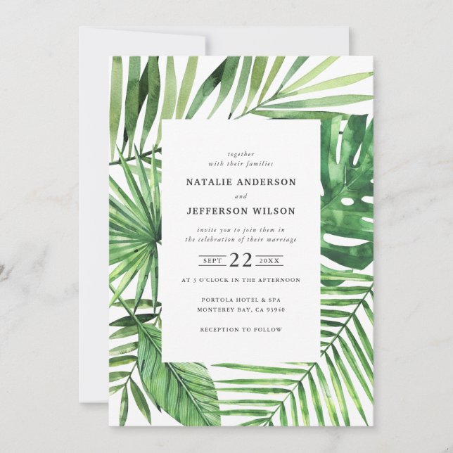 Tropical leaf and script watercolor wedding invite (Front)
