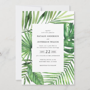 Tropical leaf and script watercolor wedding invite